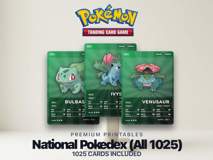 Pokémon National Pokédex Placeholder 001-1025 | Gen 1-9 Complete | Printable Pokémon Cards | Binder Organizer Tracker | 300 DPI | ENGLISH