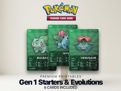 Pokémon Gen 1 Starters & Evolutions Placeholder | Bulbasaur Charmander Squirtle | Printable Pokémon Cards | Binder Set | ENGLISH