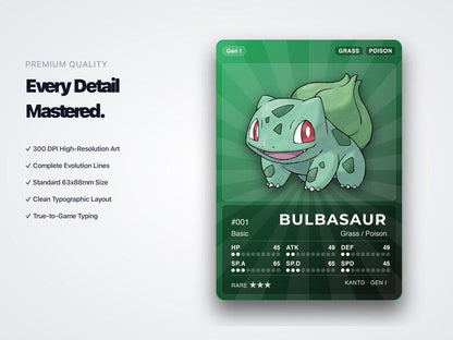 Pokémon Gen 1 Starters & Evolutions Placeholder | Bulbasaur Charmander Squirtle | Printable Pokémon Cards | Binder Set | ENGLISH