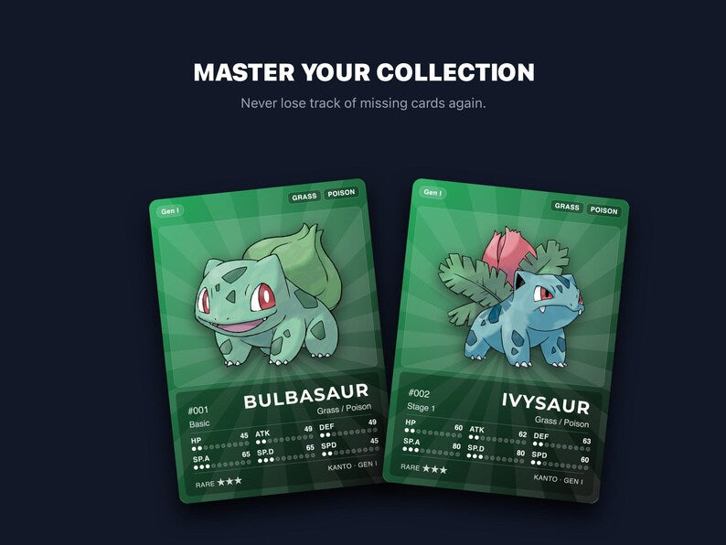 Pokémon Gen 1 Starters & Evolutions Placeholder | Bulbasaur Charmander Squirtle | Printable Pokémon Cards | Binder Set | ENGLISH
