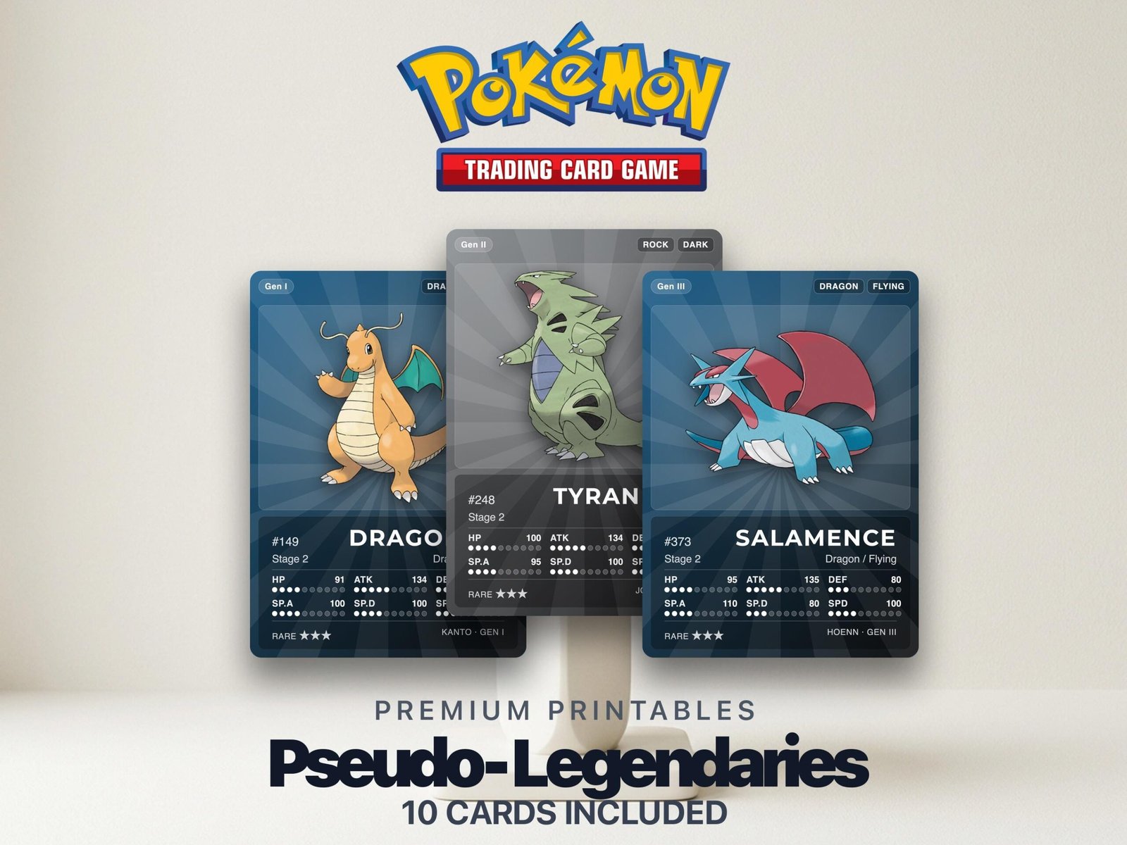 70819398254969_34971715305639_il_fullxfull.8079131759_islx.jpg Pokémon Pseudo-Legendary Pokédex Placeholder | Dragonite Tyranitar Garchomp | Printable Pokémon Cards | Binder Set | 300 DPI | ENGLISH - Image 1
